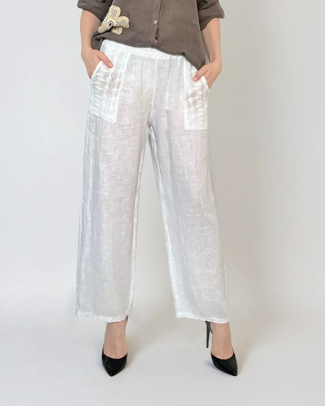 Pantaloni lungi din in cu buzunare croșetate alb - Unica S-L