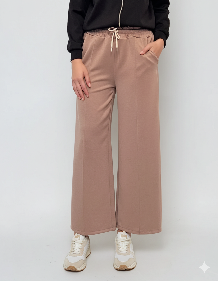 Pantaloni lungi la dungă din vâscoză beige - Unica S-L