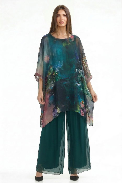 Pantaloni lungi verde inchis, drepti, cu dublura, din matase si vascoza