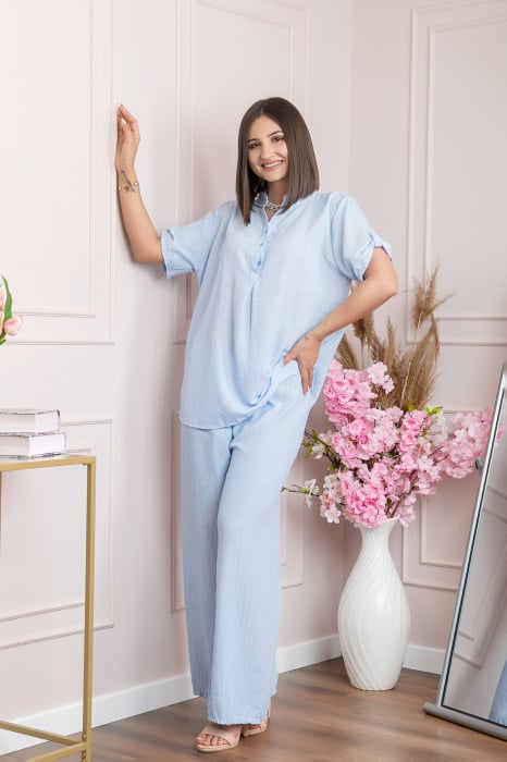Pantaloni palazzo Athena cu talie elastica si insertii argintii - Bleu