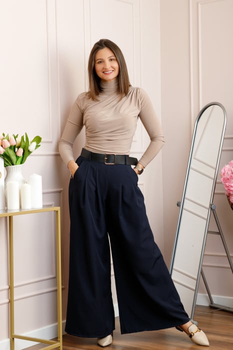 Pantaloni palazzo bleumarin cu talie elastica si curea reglabila Savannah