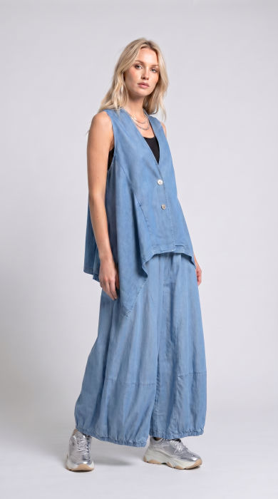 Pantaloni palazzo din denim subtire cu croi amplu,albastru deschis