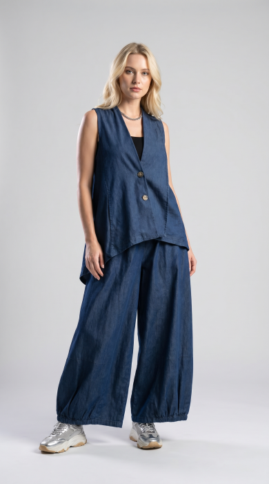 Pantaloni palazzo din denim subtire cu croi amplu, bleumarin