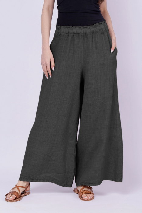Pantaloni palazzo din in cu croi amplu gri inchis