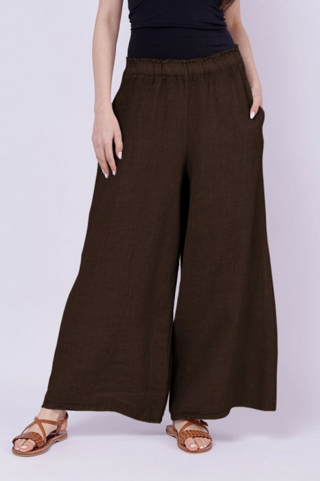 Pantaloni palazzo din in cu croi amplui, maron