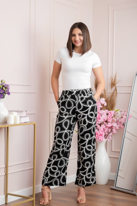 Pantaloni palazzo Hanna cu imprimeu abstract negru-alb