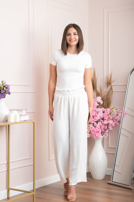 Pantaloni palazzo Norah cu talie inalta si broderie zig-zag - Alb