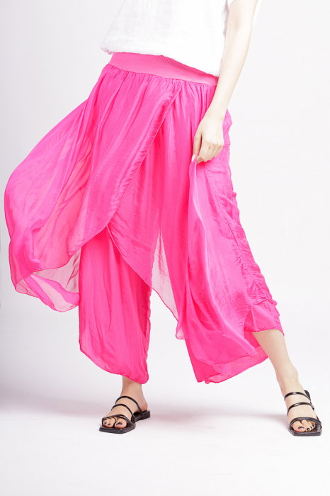 Pantaloni petrecuti din matase si vascoza fucsia, tip salvari