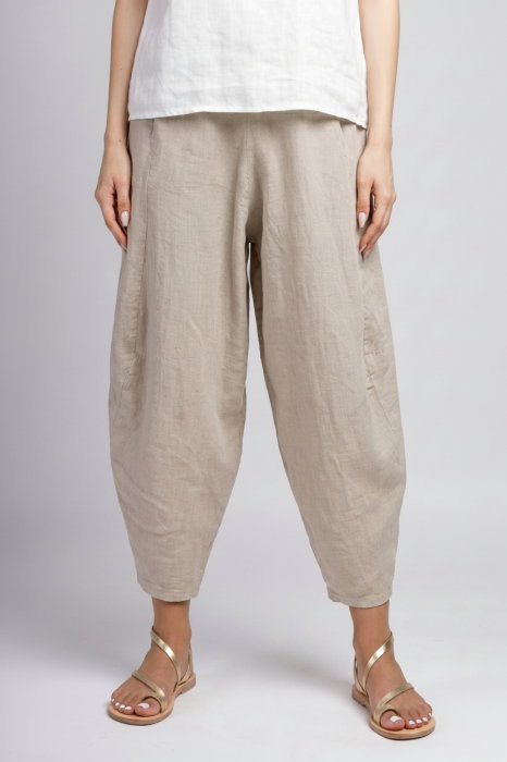 Pantaloni salvari din in cu croi lejer si volumetric, bej