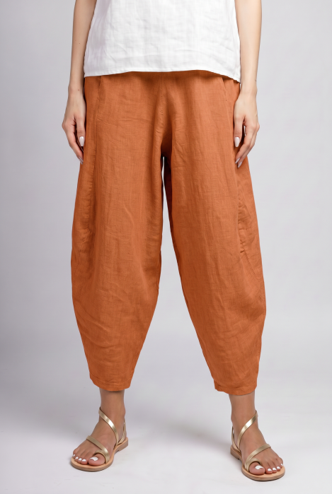 Pantaloni salvari din in cu croi lejer si volumetric, caramizii