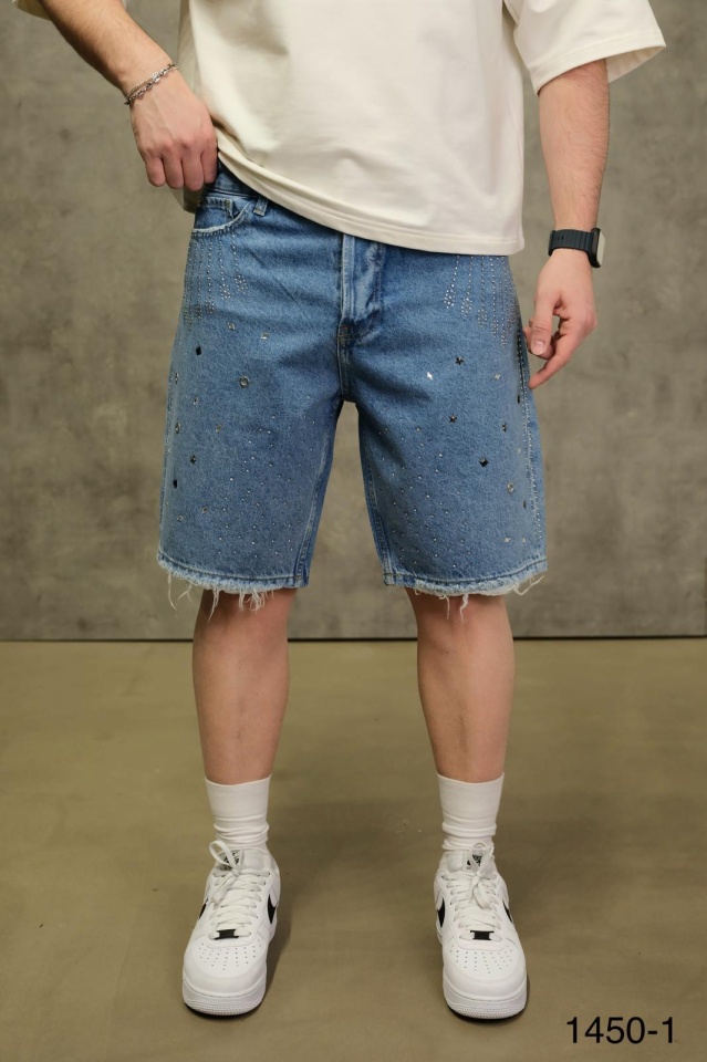 PANTALONI SCURȚI DIN DENIM ALBAȘTRI CU STRASURI ȘI DETALII DECORATIVE PSAS222(1450-1) (MĂRIME: 33)