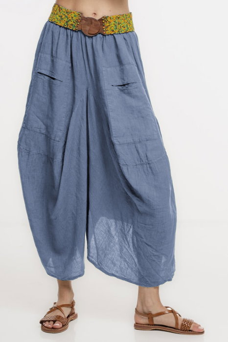 Pantaloni tip salvari din in, croiala asimetrica si buzunare, albastru jeans