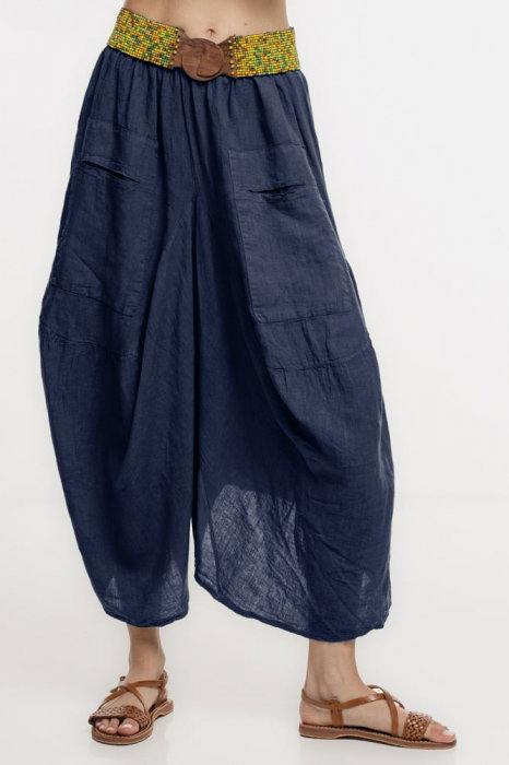 Pantaloni tip salvari din in, croiala asimetrica si buzunare, bleumarin