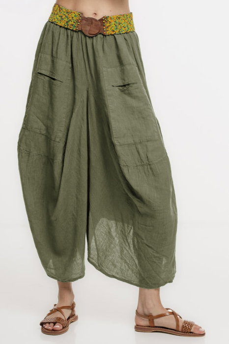 Pantaloni tip salvari din in, croiala asimetrica si buzunare, kaki