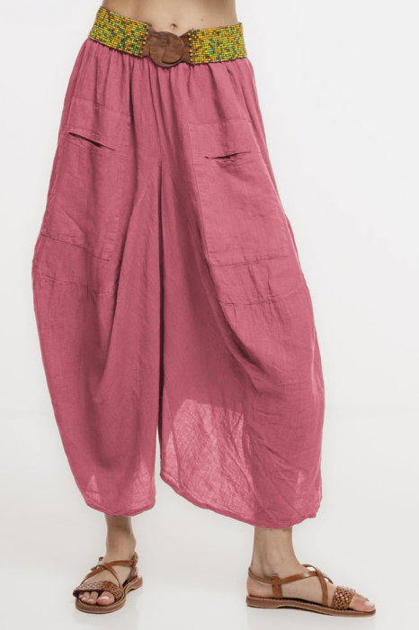 Pantaloni tip salvari din in, croiala asimetrica si buzunare, roz inchis