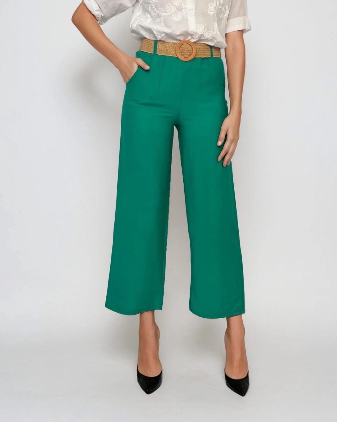 Pantaloni vaporoși cu buzunare și curea verde - Unica S-L