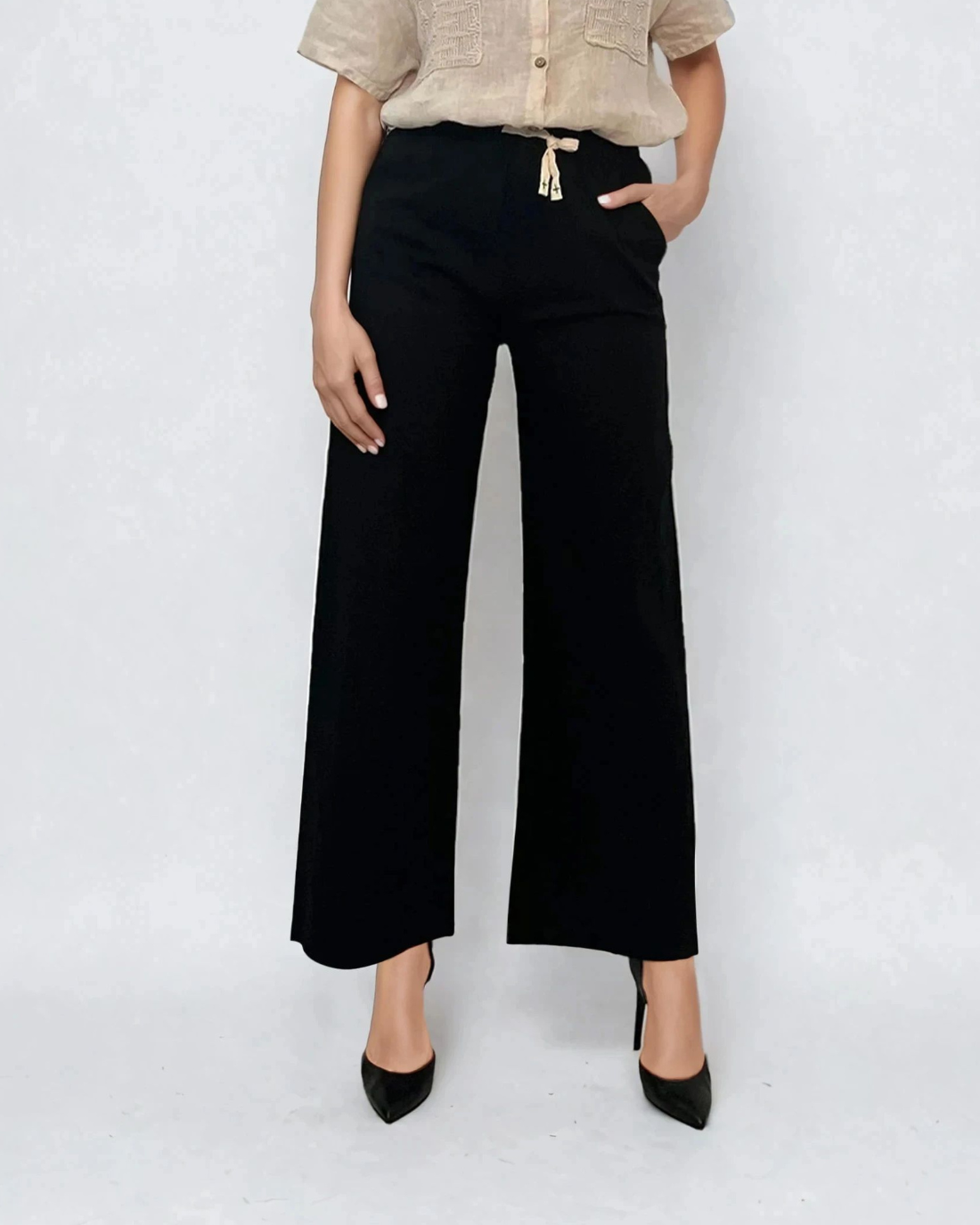 Pantaloni vaporoși cu șiret în talie negru - XL