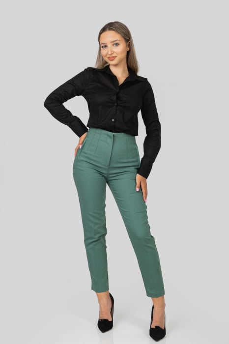 Pantaloni verde petrol cu talie inalta si cusaturi decorative
