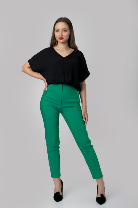 Pantaloni verde smarald cu talie inalta si cusaturi decorative