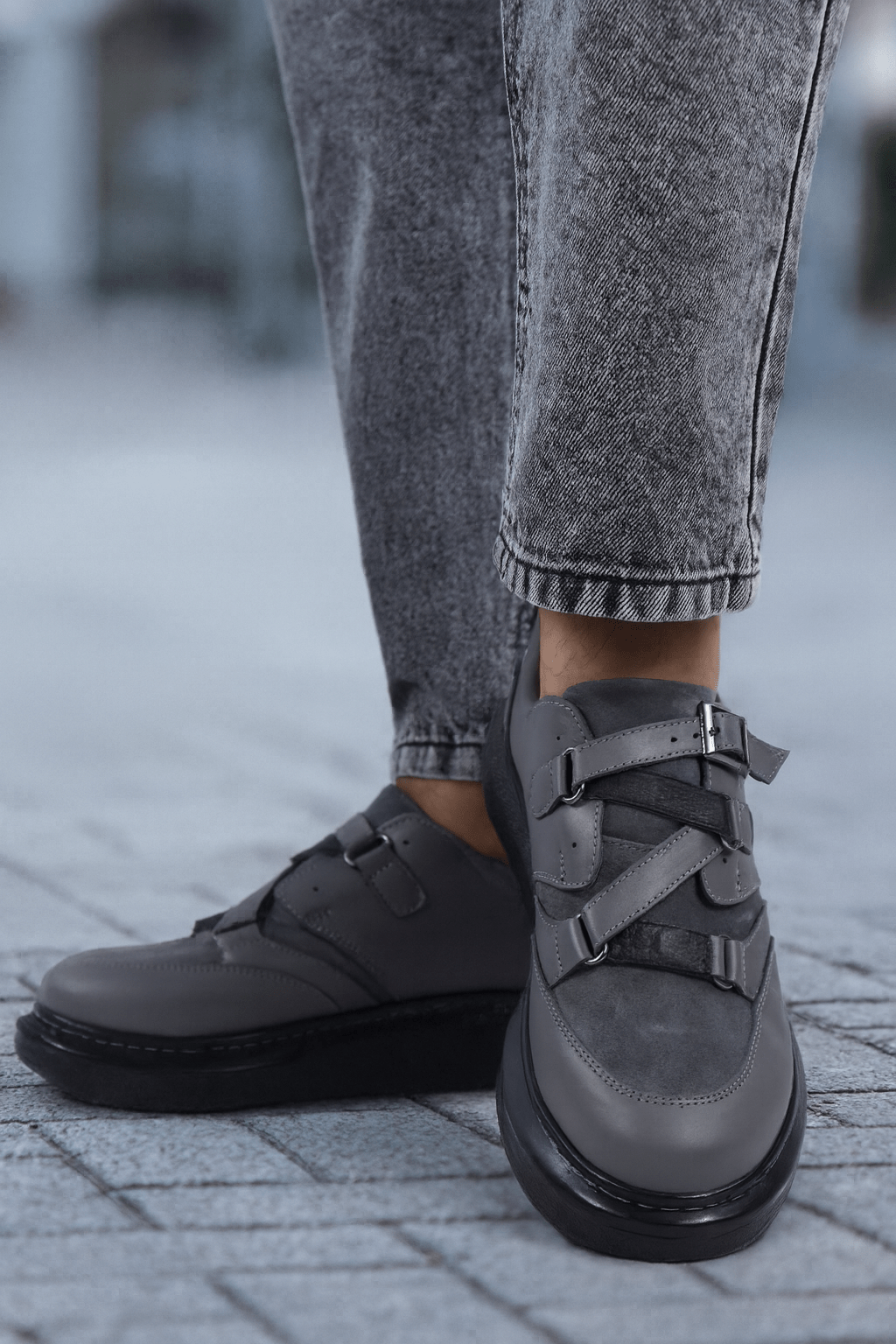 Pantofi Casual Barbati din Piele Gri cu Catarame - ANDU