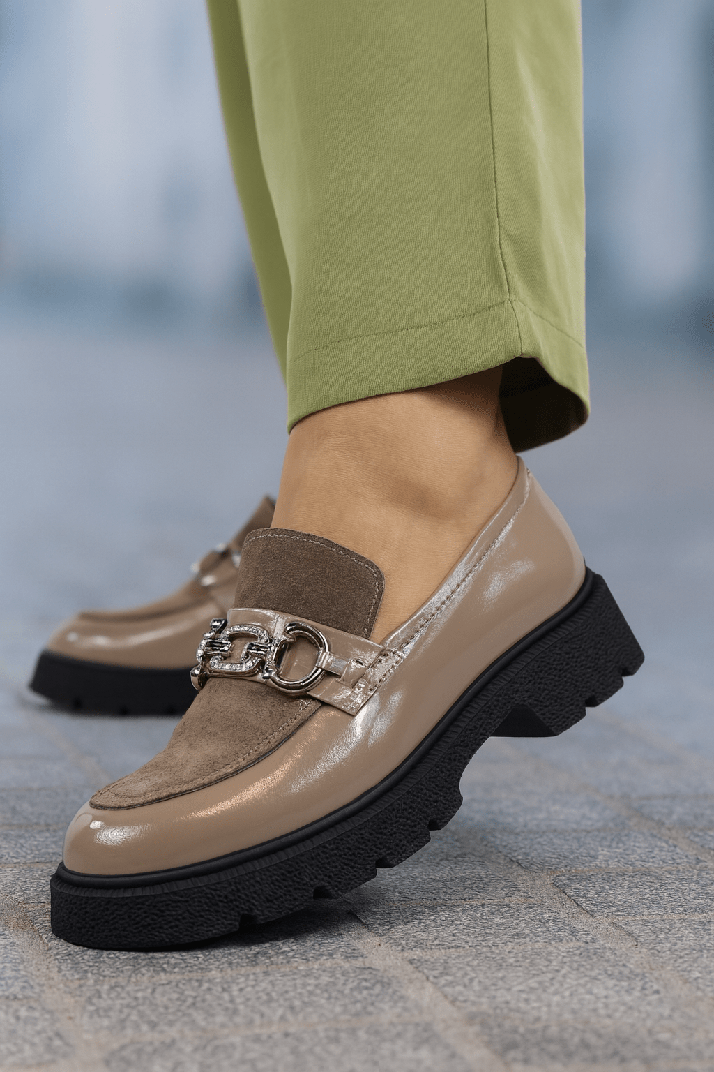 Pantofi Casual Dama din Piele cu Accesoriu BEJ - ELINA