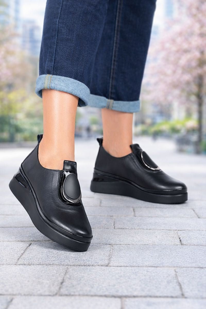 Pantofi Casual Dama din Piele cu Accesoriu - EMA BLACK