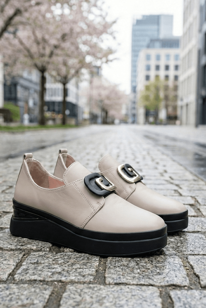 Pantofi Casual Dama din Piele Grej cu Accesoriu - VITE TAUPE