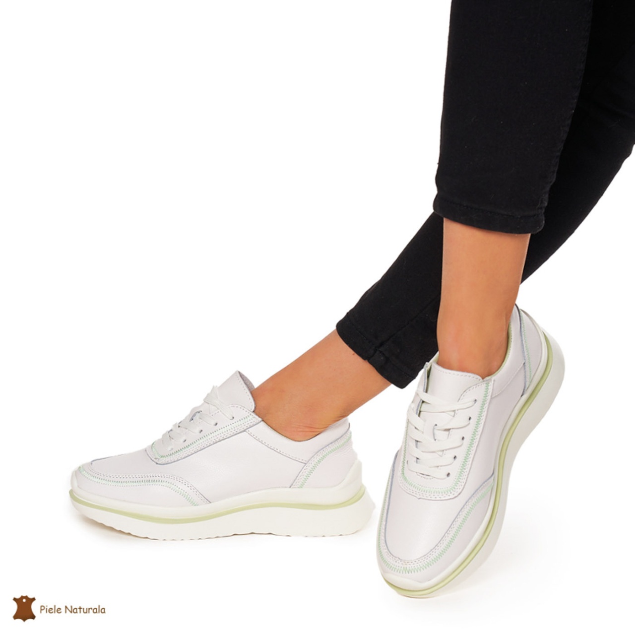 Pantofi casual dama din Piele naturală CRL1325 ALB CU VERDE