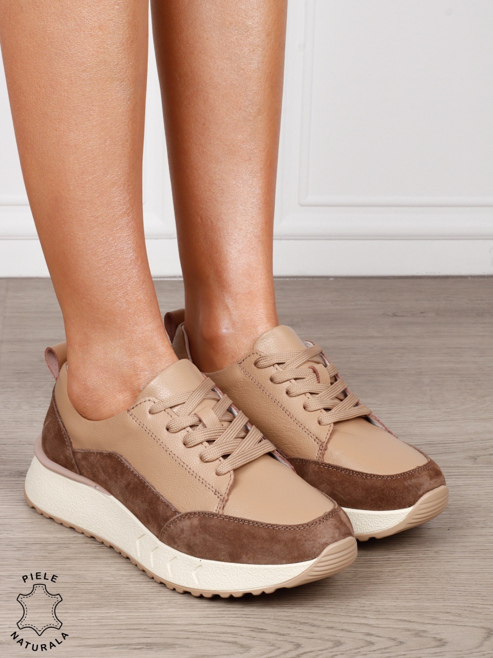 Pantofi Casual Damă din Piele Naturală cu Șiret și Design în Combinație de Culori CAMEL CRL1800