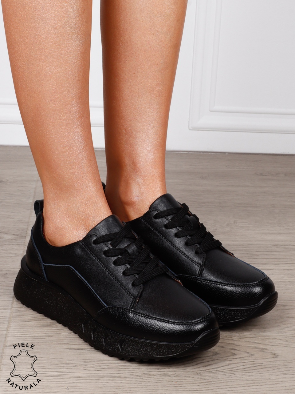 Pantofi Casual Damă din Piele Naturală cu Șiret și Talpă Comfort NEGRU CRL1800