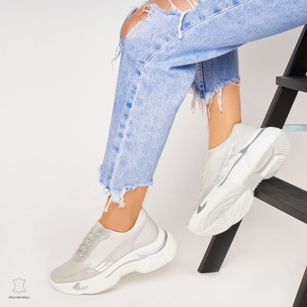 Pantofi Casual dama din Piele naturala cu talpa groasa CRL0037 ARGINTIU