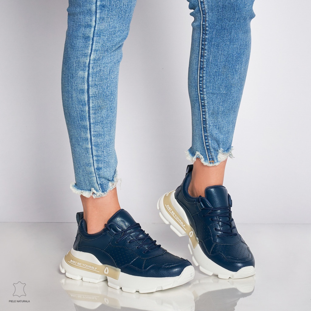Pantofi Casual dama din Piele naturala cu talpa groasa CRL0046 Bleumarin