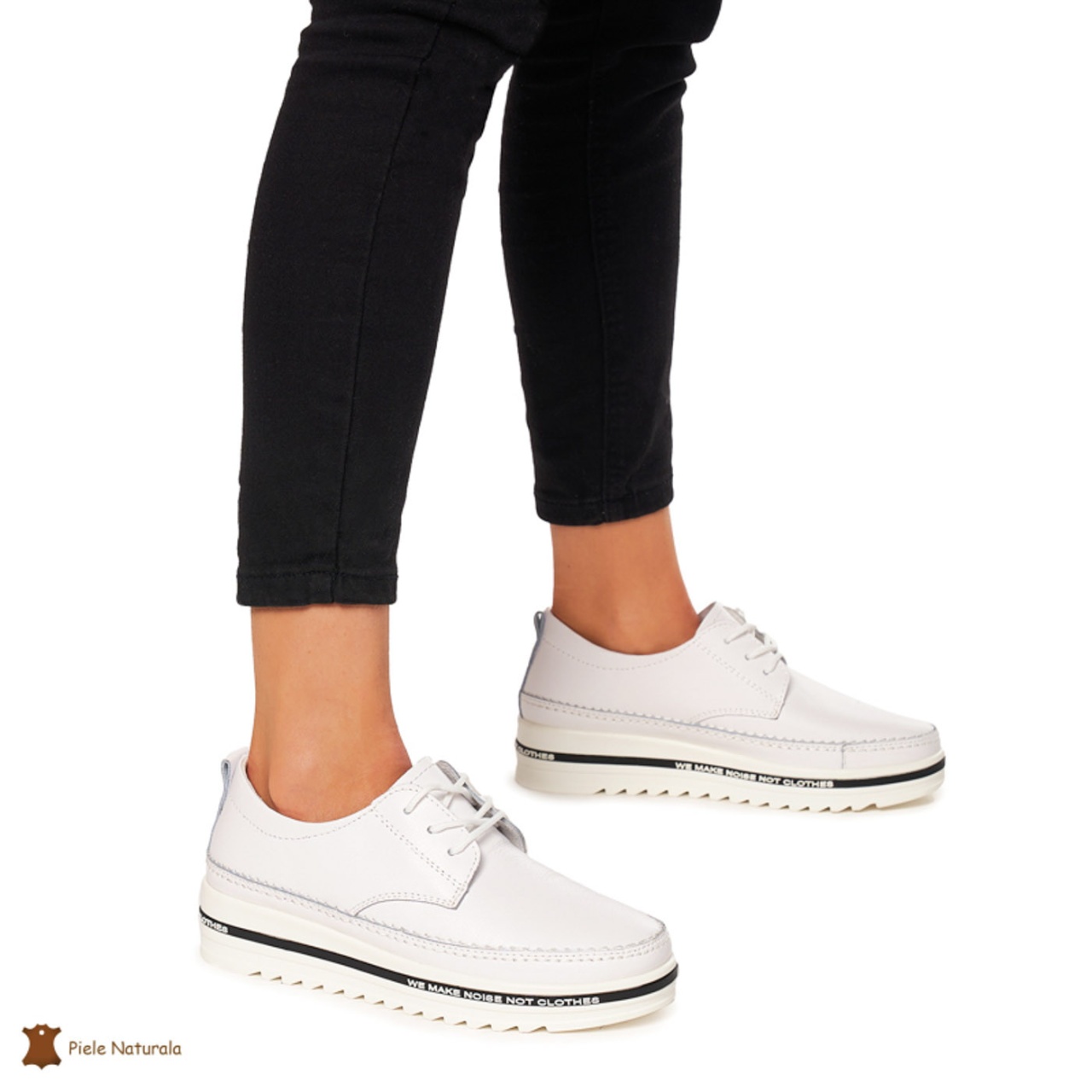 Pantofi Casual dama din Piele naturala cu talpa groasa CRL0053 ALB