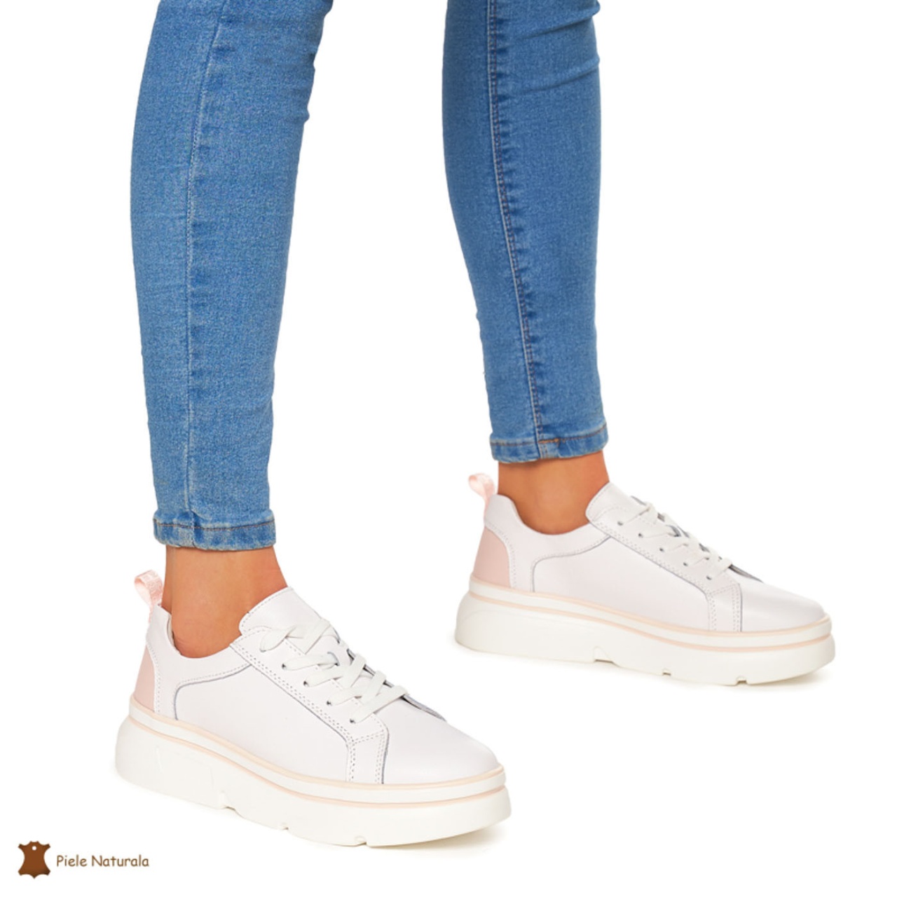 Pantofi Casual dama din Piele naturala cu talpa groasa CRL0054 ALB CU ROZ