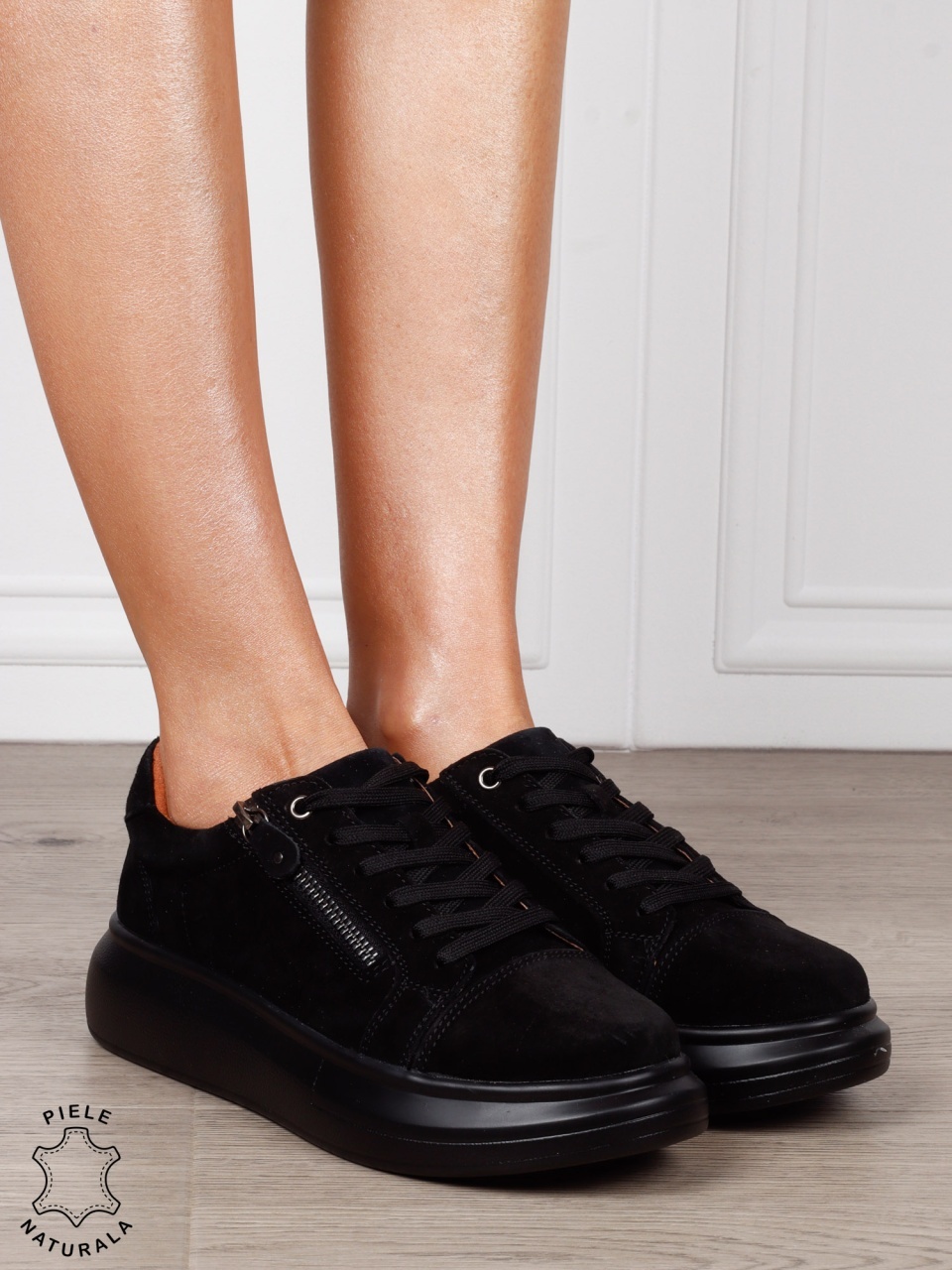 Pantofi Casual Damă din Piele Naturală intoarsa cu Fermoar Lateral CRL1801 NEGRU