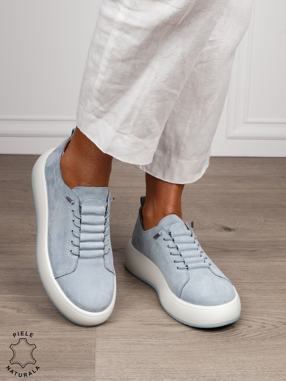 Pantofi Casual dama din Piele Naturala Intoarsa cu siret special CRL1550ALBASTRU
