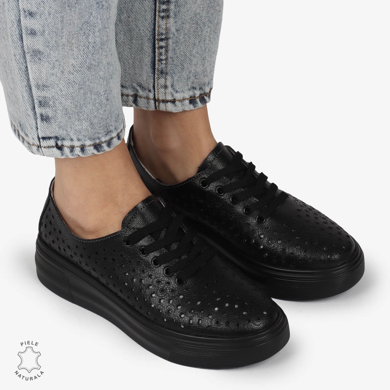 Pantofi Casual dama din Piele naturala PERFORATCU SIRET CRL1341 NEGRU