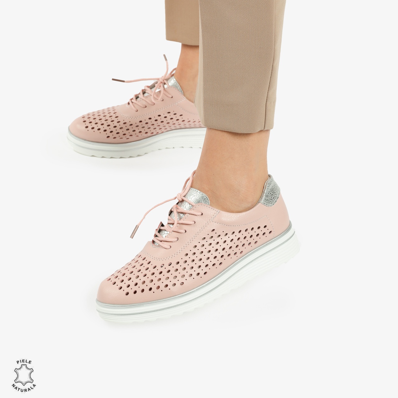 Pantofi Casual dama din piele naturala Perforati CRL0782 ROZ