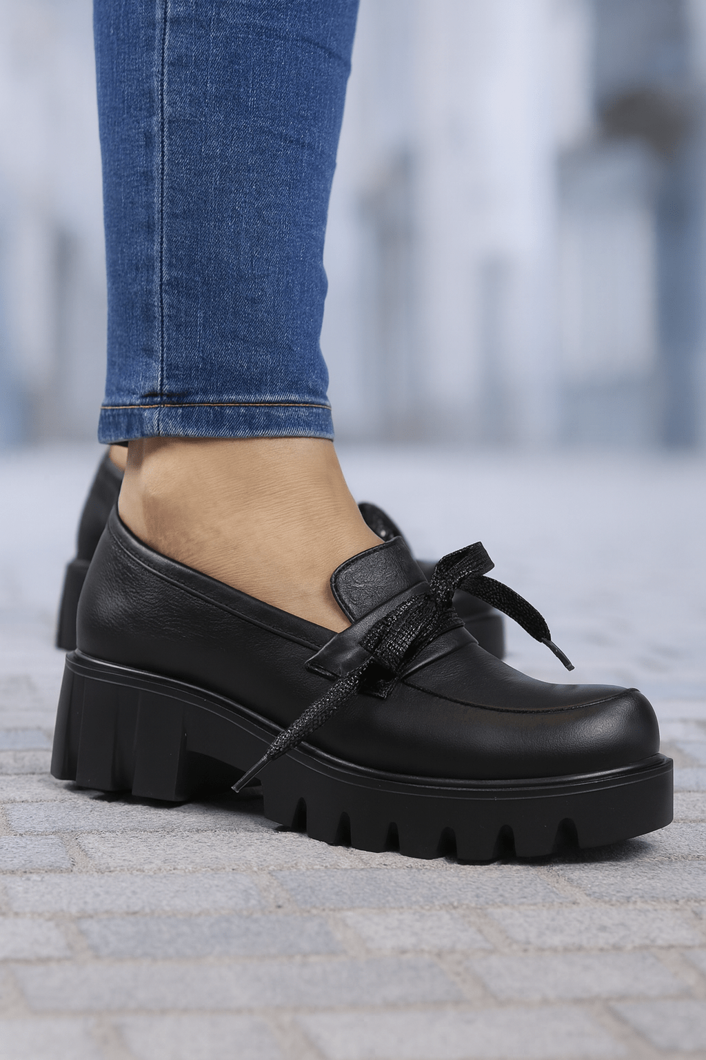 Pantofi Casual Dama din Piele Negri cu Fundita - KOLIA BLACK