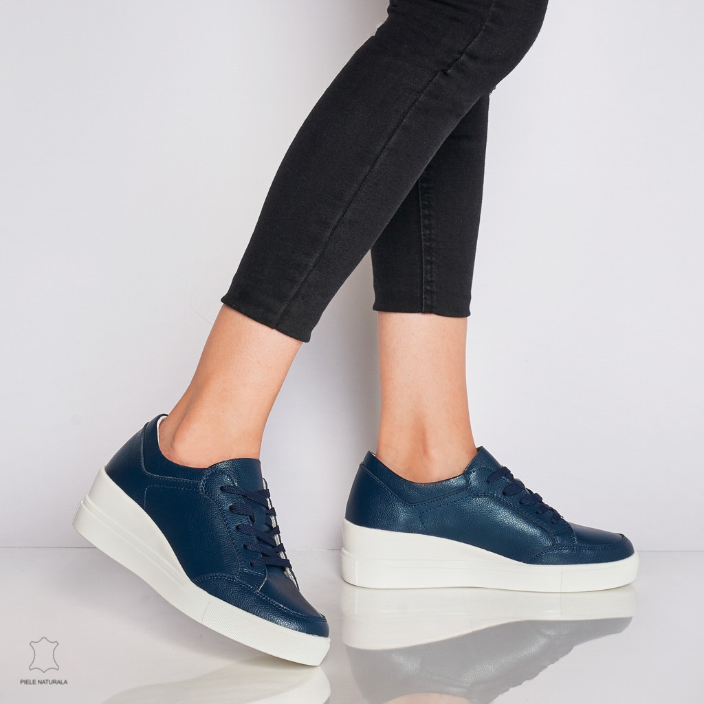 Pantofi casual de dama din piele naturala cu talpa plata CRL0034 Bleumarin