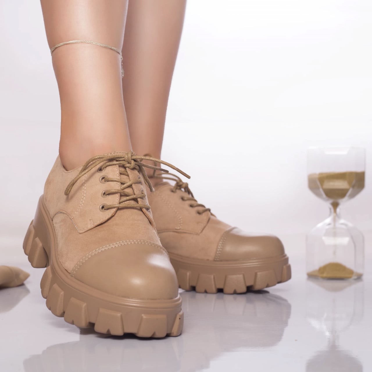 Pantofi casual dida catifea si piele ecologica bej - poza 1