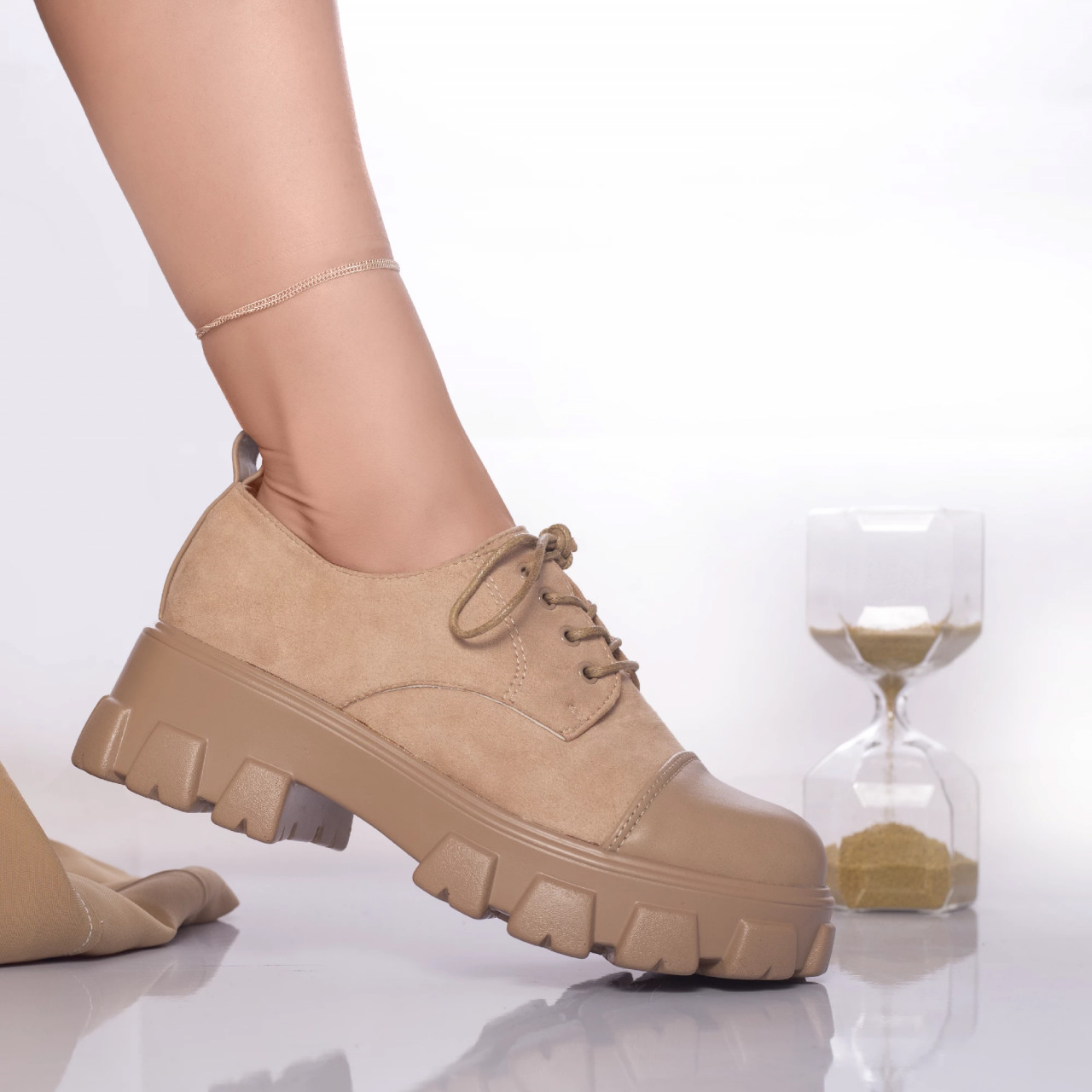 Pantofi casual dida catifea si piele ecologica bej - poza 2