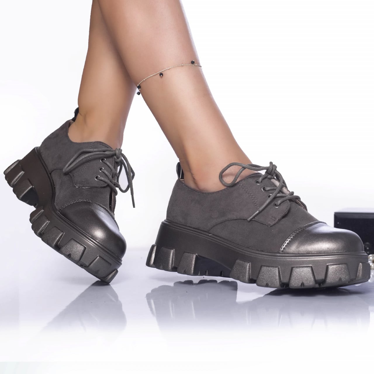 Pantofi casual dida catifea si piele ecologica gunmetal - poza 1