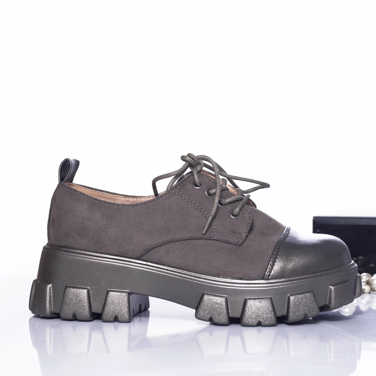Pantofi casual dida catifea si piele ecologica gunmetal - poza 2