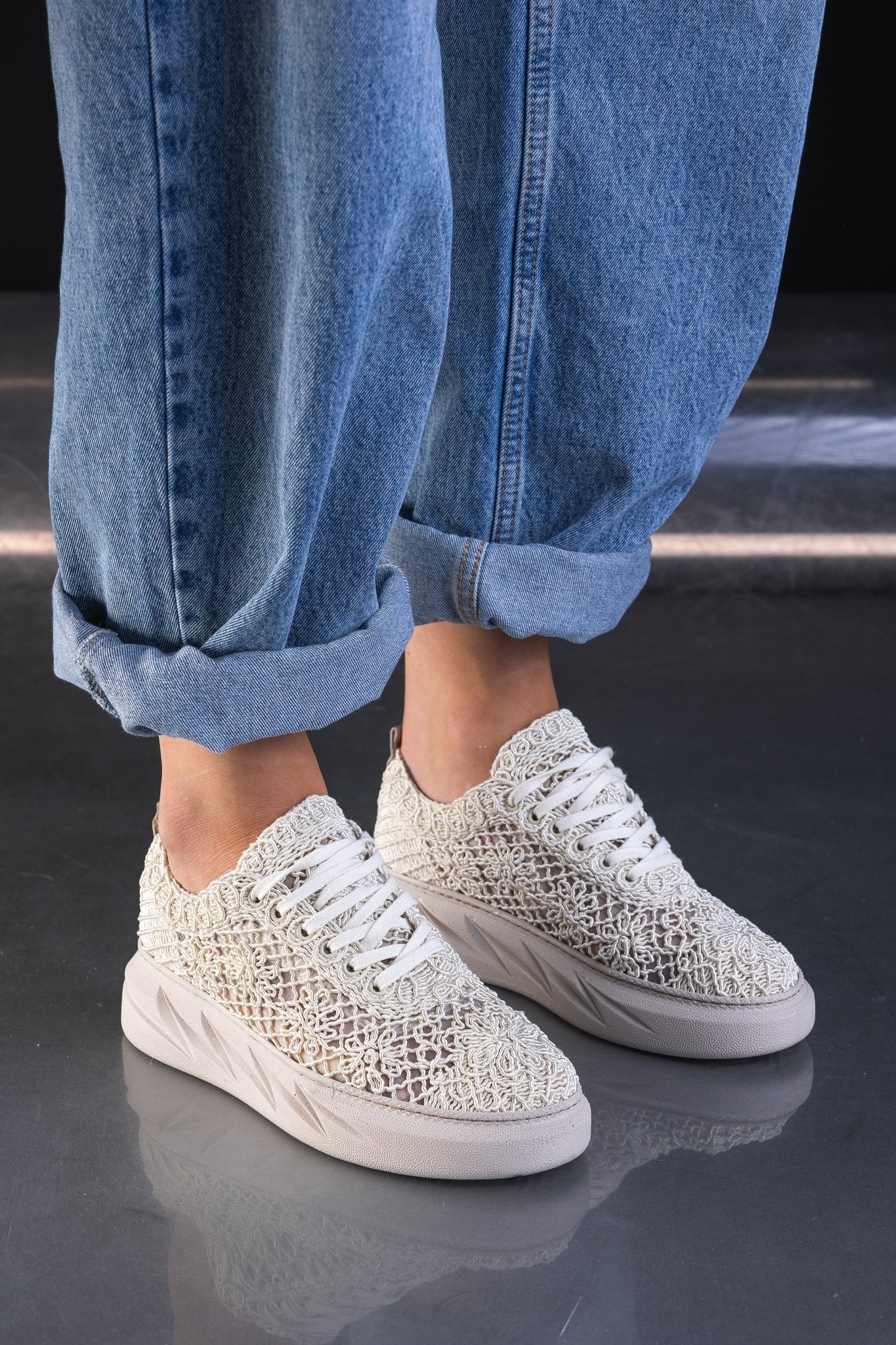 Pantofi Casual din Piele cu Dantela - Sandy Cream