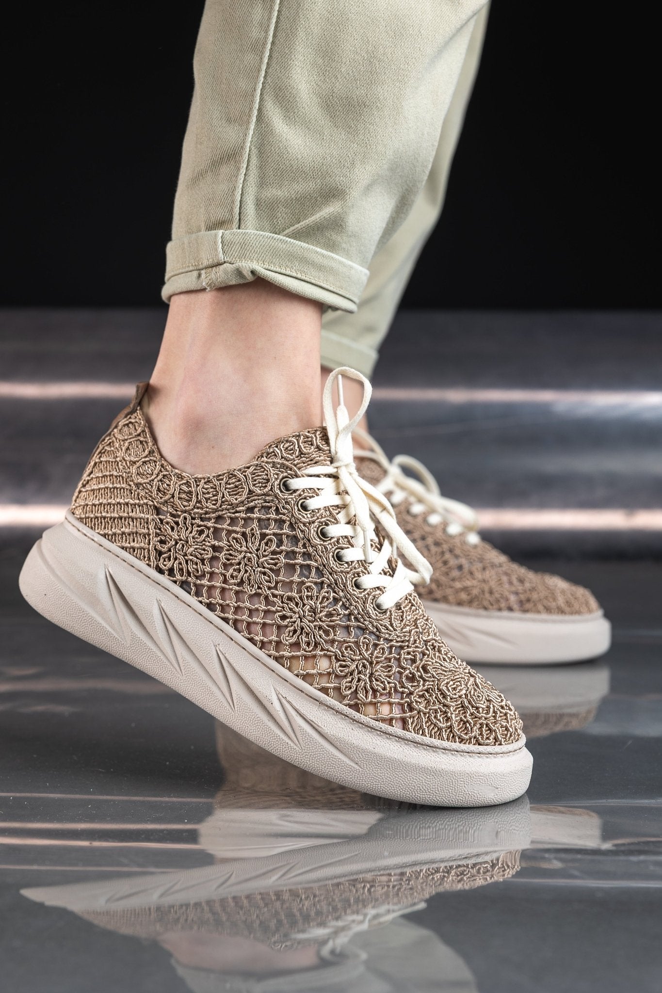 Pantofi Casual din Piele cu Dantela - Sandy TAUPE