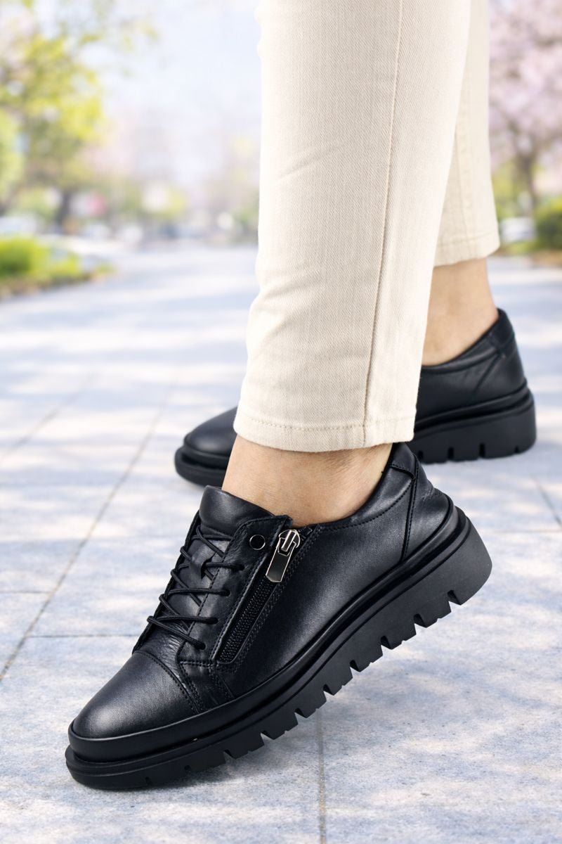 Pantofi Casual din Piele cu Fermoar si Siret Elastic - FYA BLACK