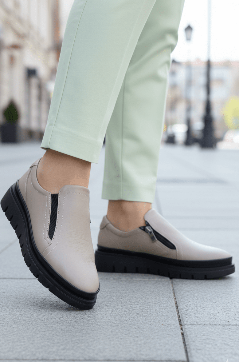 Pantofi Casual din Piele Gri cu Fermoar - VIA TAUPE
