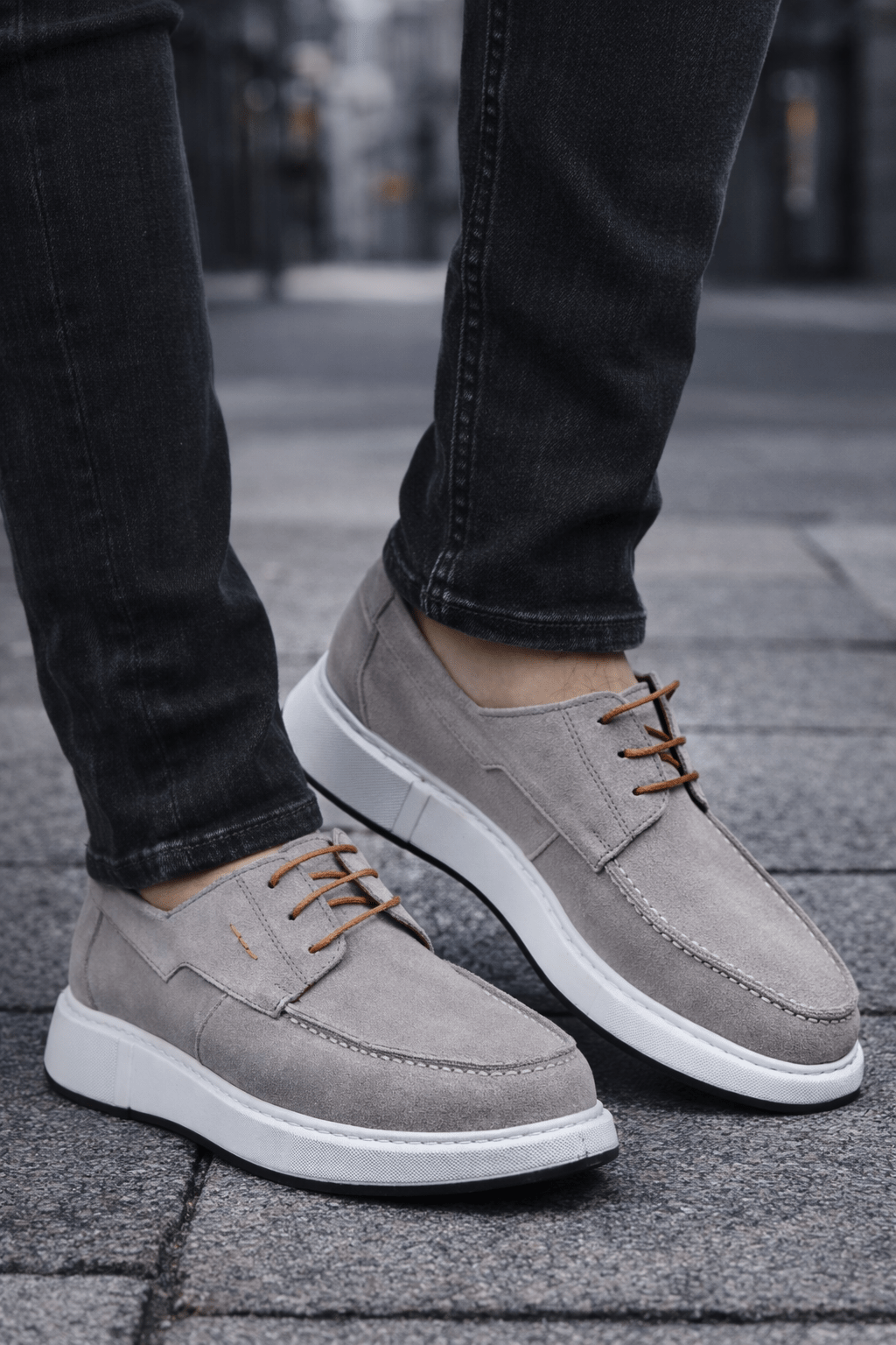 Pantofi Casual din Piele Gri cu Siret - RYK GREY