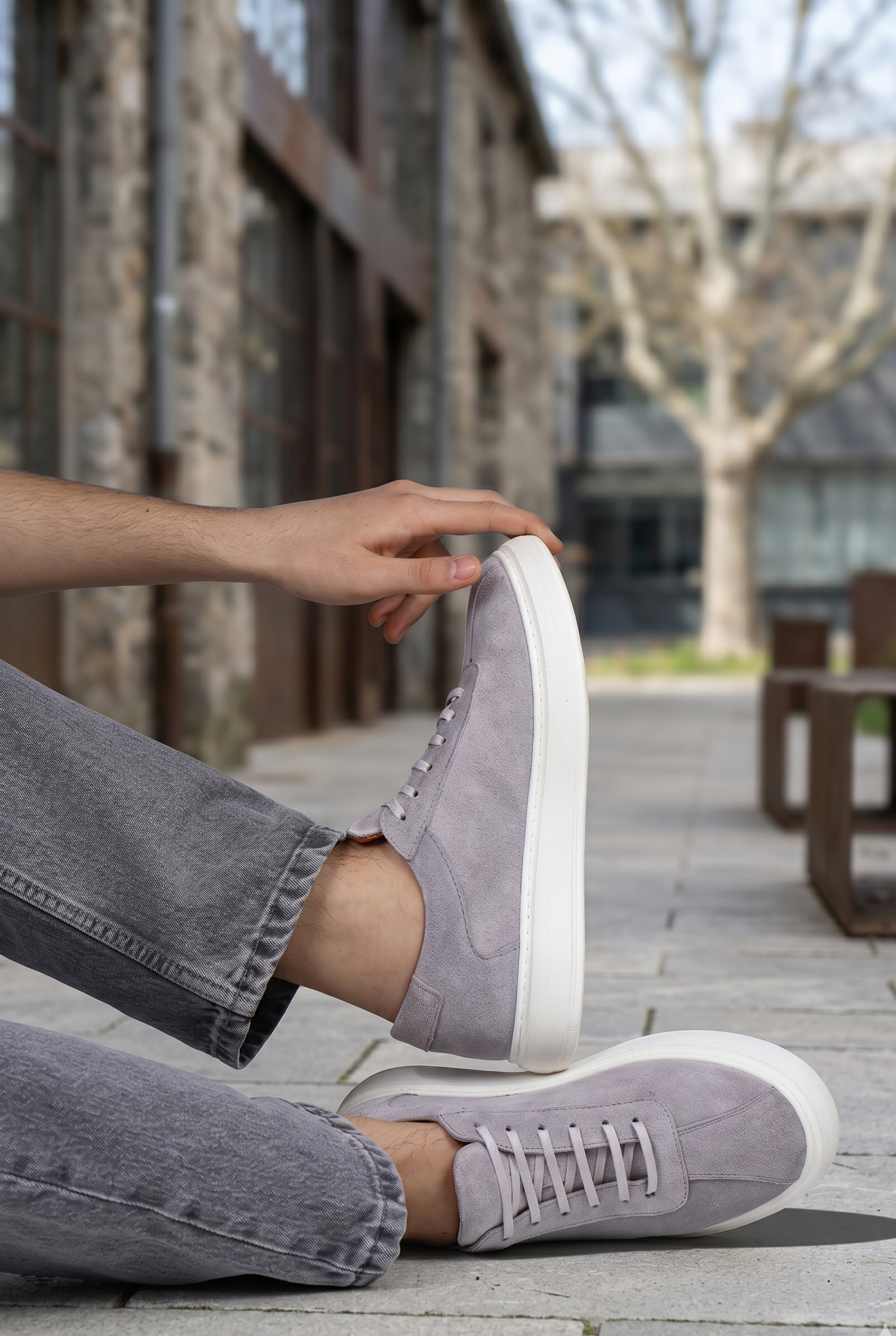 Pantofi Casual din Piele Intoarsa Gri cu Siret - FYLL GREY